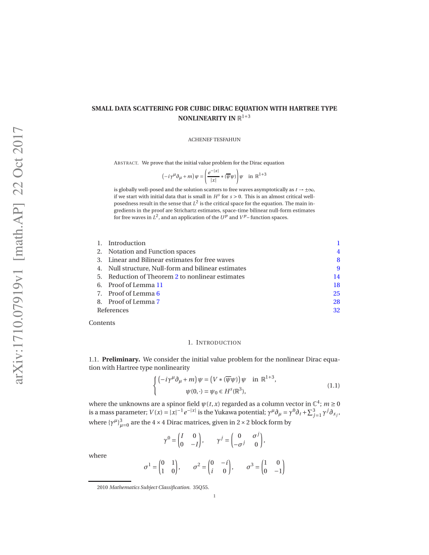 Pdf Small Data Scattering For Cubic Dirac Equation With Hartree Type Nonlinearity In R 1 3