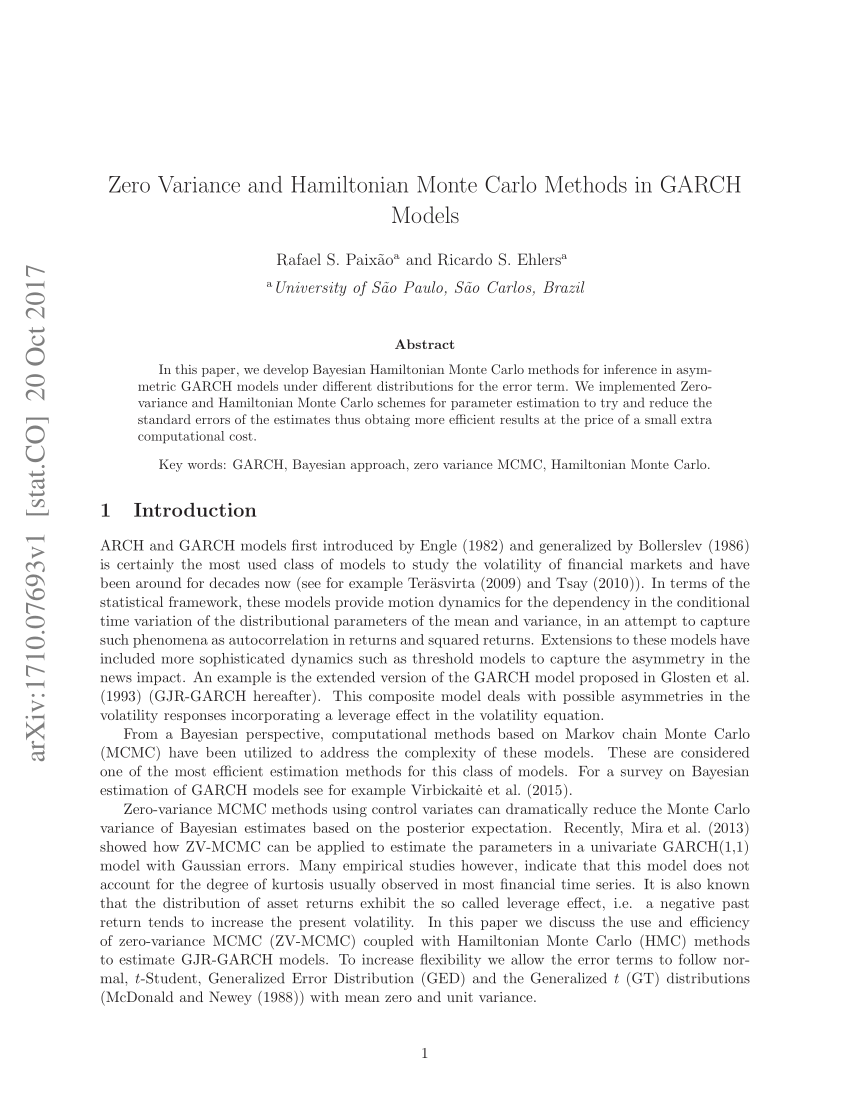 Pdf Zero Variance And Hamiltonian Monte Carlo Methods In Garch Models