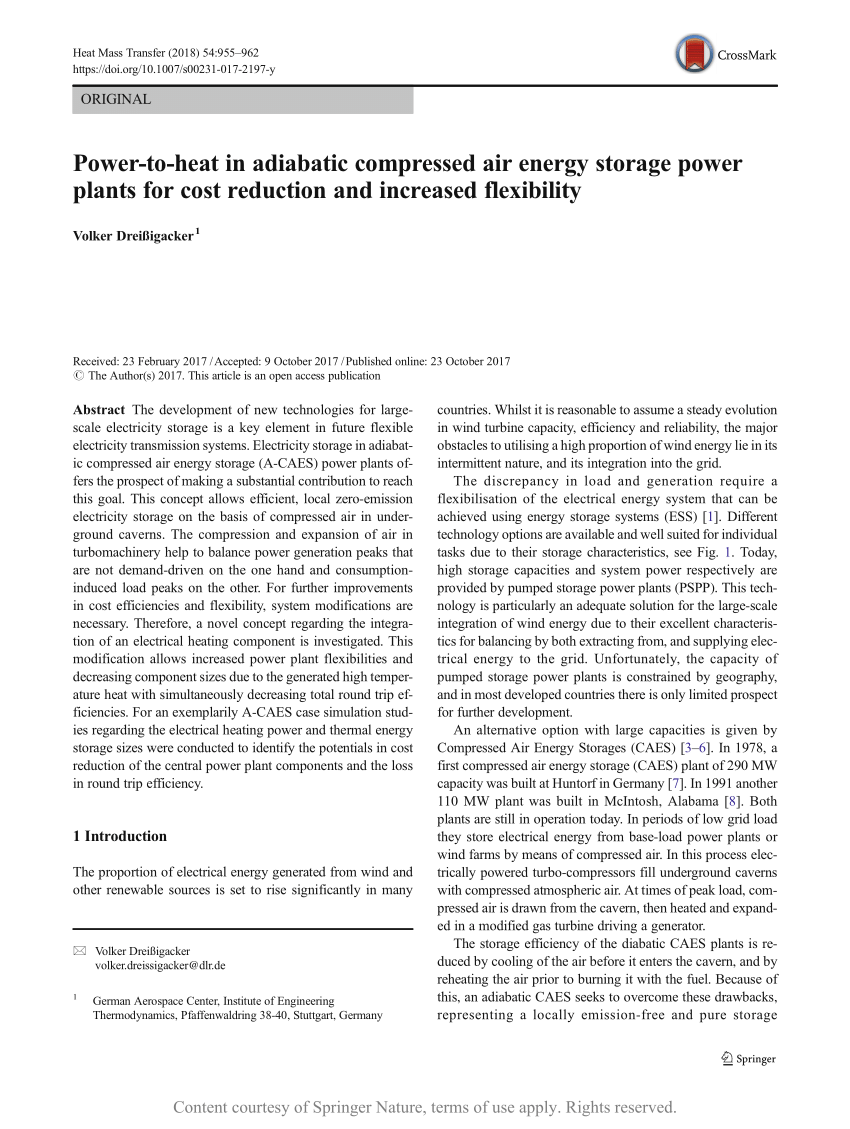 Pdf Power To Heat In Adiabatic Compressed Air Energy Storage Power Plants For Cost Reduction And Increased Flexibility