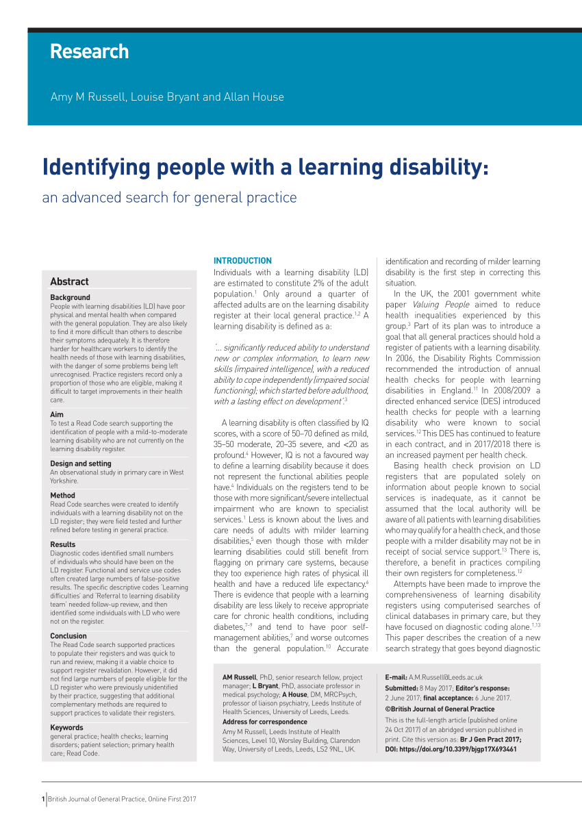 Pdf Identifying People With A Learning Disability An Advanced