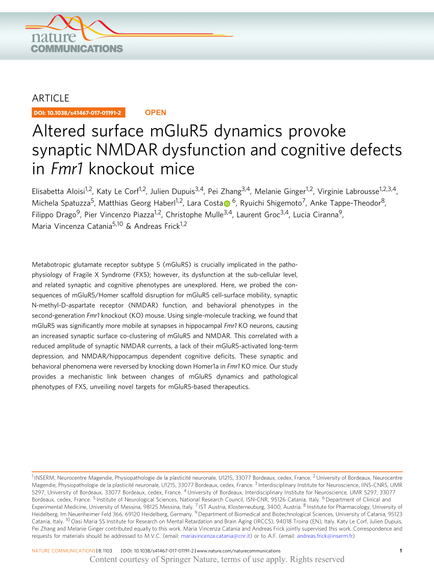 PDF) Altered surface mGluR5 dynamics provoke synaptic NMDAR ...