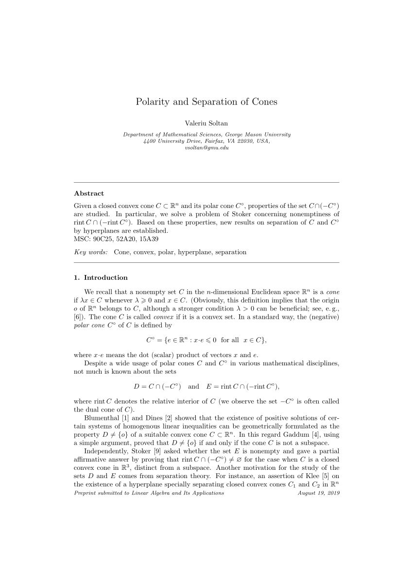 Pdf Polarity And Separation Of Cones Linear Algebra Appl 538 18 212 224