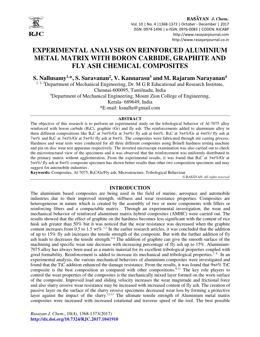 PDF) Experimental Analysis on Reinforced Aluminium Metal Matrix with Boron  Carbide, Graphite and Fly ash Chemical Composites
