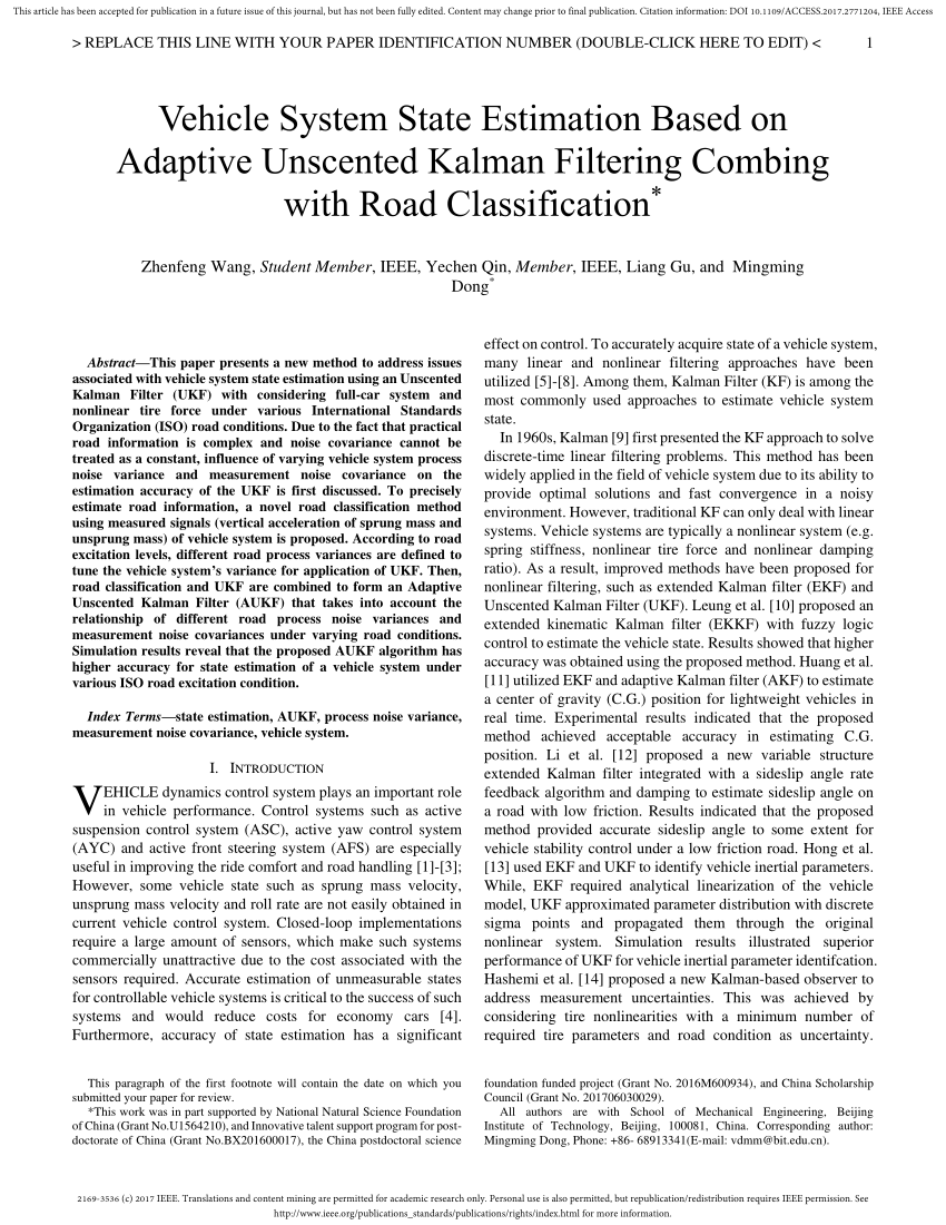 Pdf Vehicle System State Estimation Based On Adaptive Unscented Kalman Filtering Combing With Road Classification