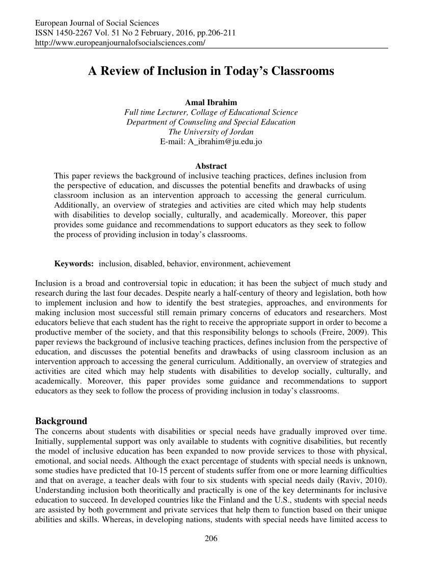 research paper on inclusion in the classroom