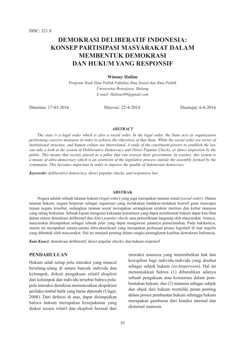 PDF DEMOKRASI DELIBERATIF INDONESIA KONSEP PARTISIPASI MASYARAKAT