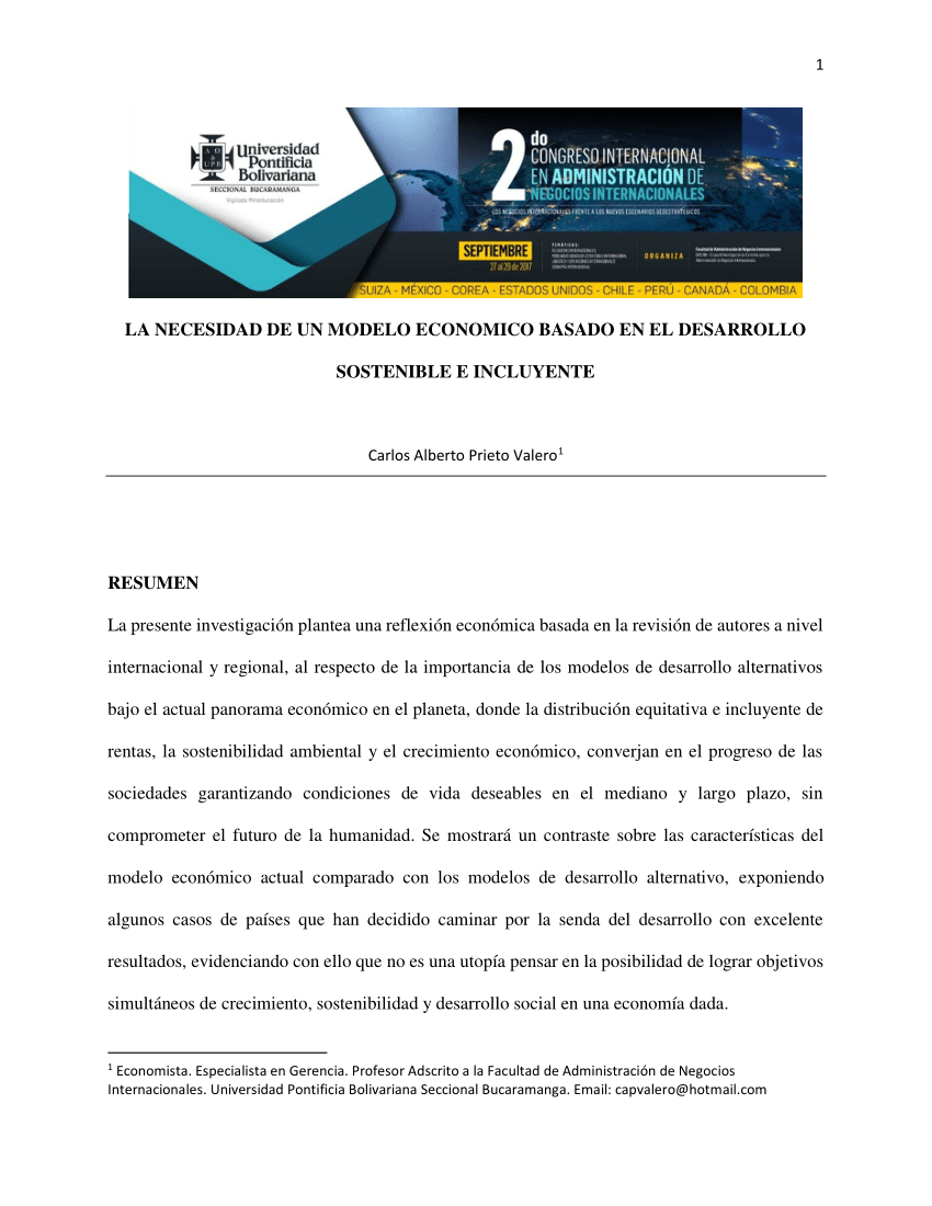 PDF) LA NECESIDAD DE UN MODELO ECONOMICO BASADO EN EL DESARROLLO SOSTENIBLE  E INCLUYENTE