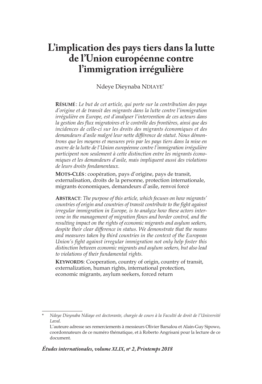 Pdf La Lutte Contre L Immigration Irreguliere Un Objectif Commun Du Canada Et De L Union Europeenne A Travers La Detention Des Etrangers