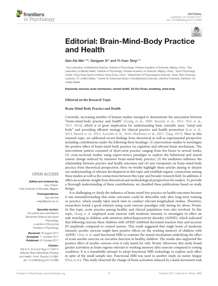 Pdf Editorial Brain Mind Body Practice And Health