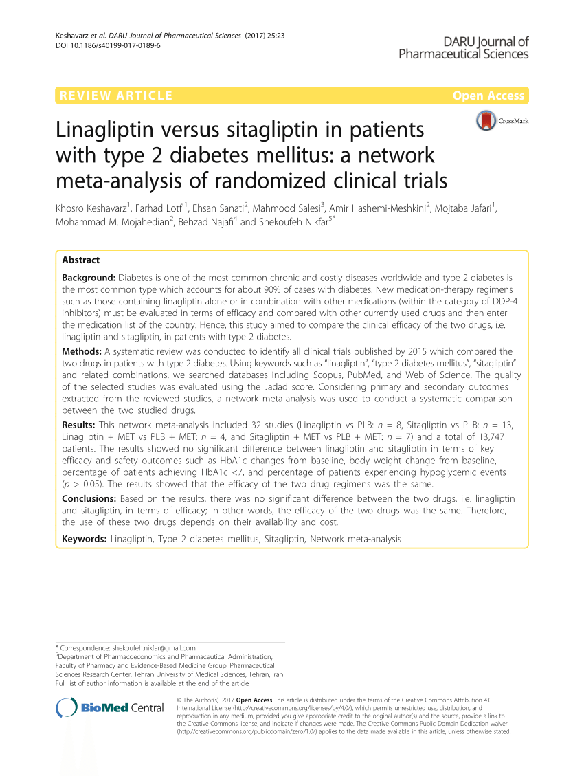 Pdf Linagliptin Versus Sitagliptin In Patients With Type 2 Diabetes Mellitus A Network Meta Analysis Of Randomized Clinical Trials