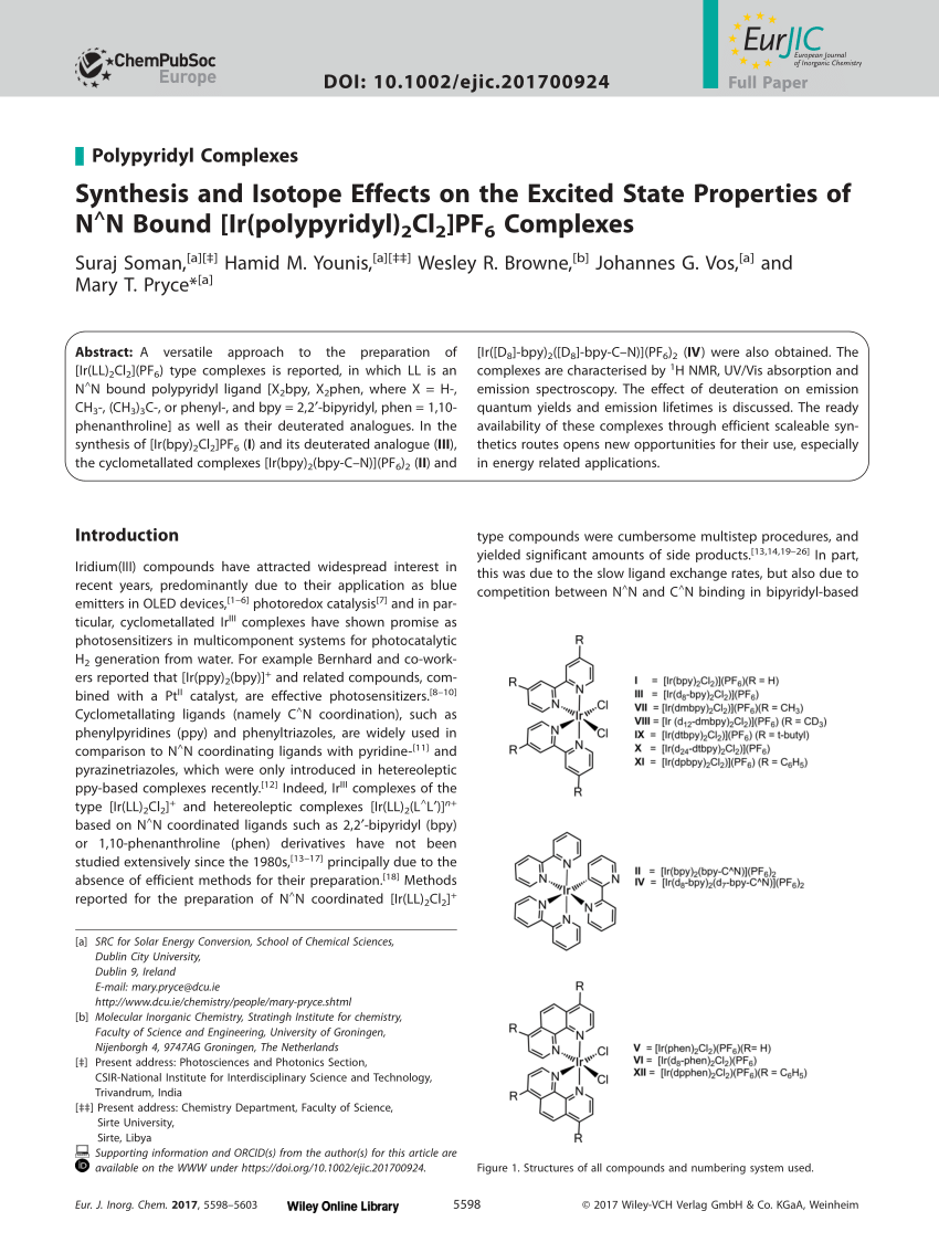 Pdf Synthesis And Isotope Effects On The Excited State Properties Of N N Bound Ir Polypyridyl 2cl2 Pf6 Complexes