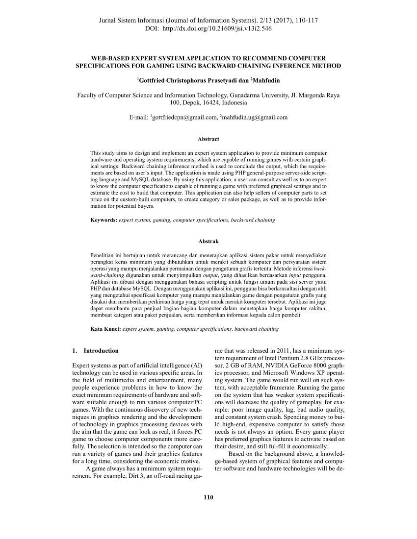 Pdf Web Based Expert System Application To Recommend Computer Specifications For Gaming Using Backward Chaining Inference Method