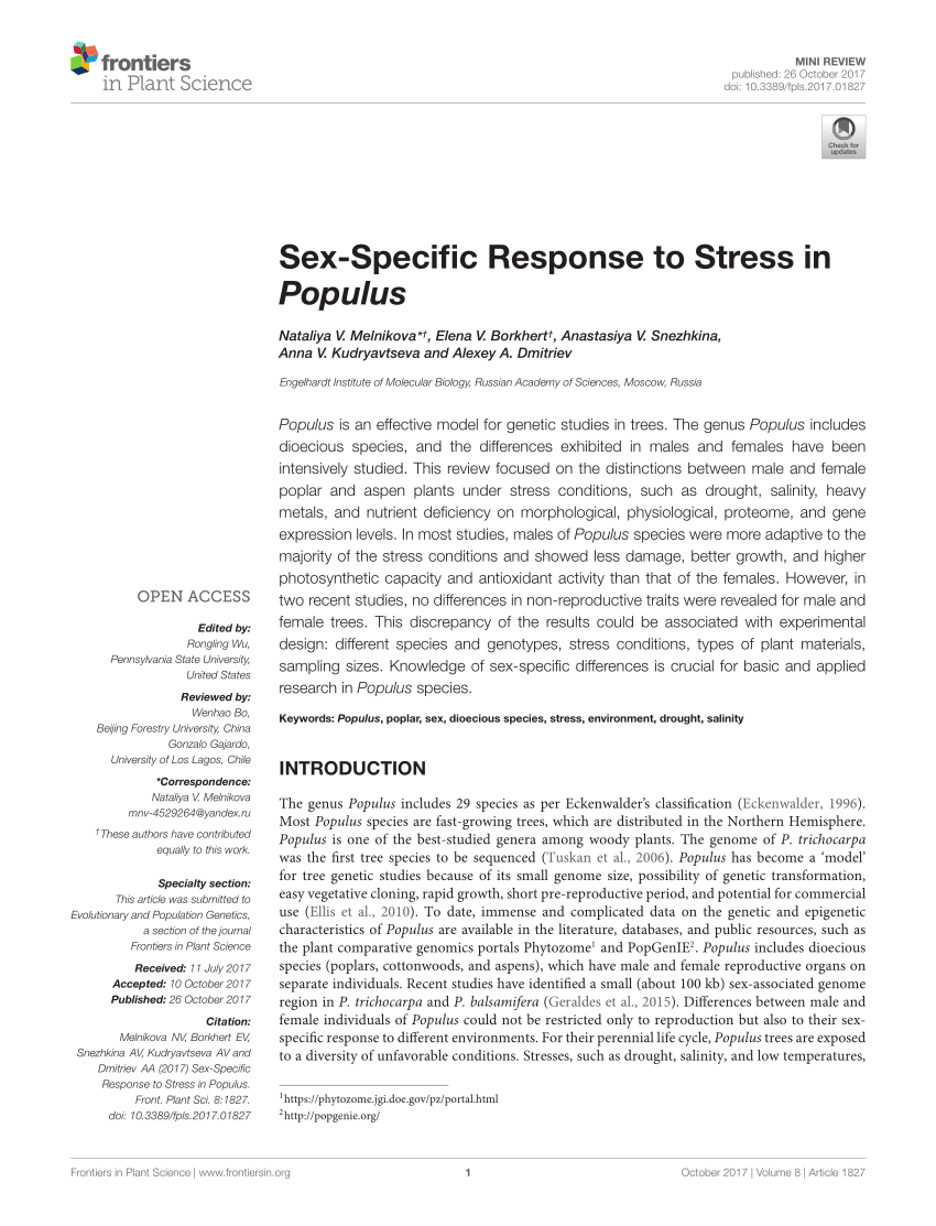 Pdf Sex Specific Response To Stress In Populus