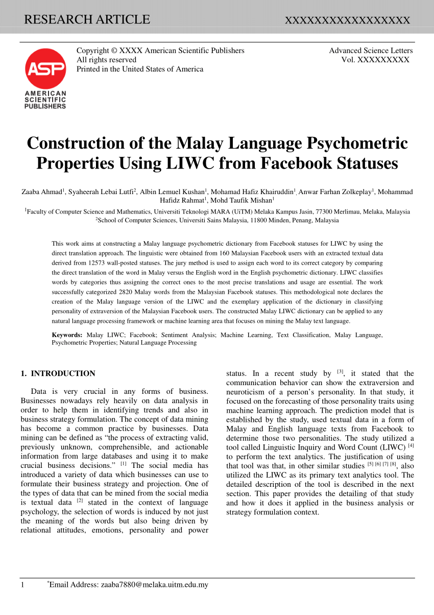 Pdf Construction Of The Malay Language Psychometric Properties Using Liwc From Facebook Statuses