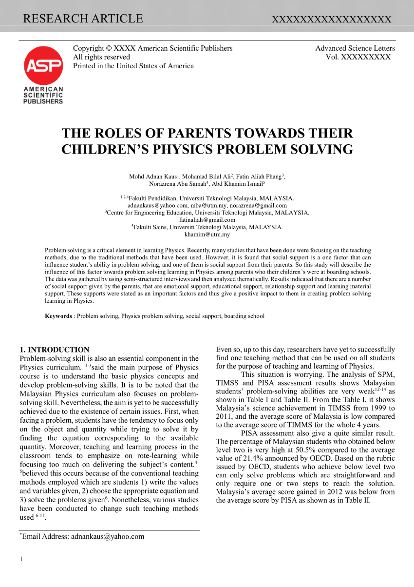 Pdf The Roles Of Parents In Their Children S Physics Problem Solving Ability