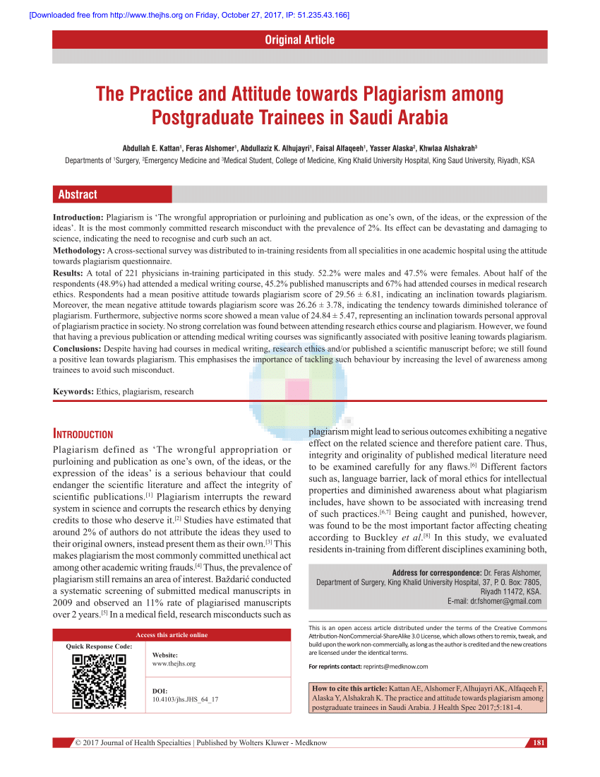 Pdf The Practice And Attitude Towards Plagiarism Among Postgraduate Trainees In Saudi Arabia