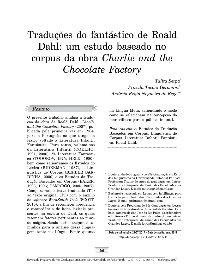 PDF) Traduções do fantástico de Roald Dahl: um estudo baseado no corpus da  obra Charlie and the Chocolate Factory