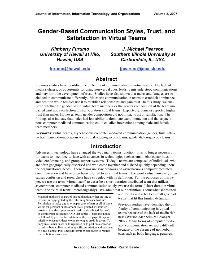 Pdf) Gender-Based Communication Styles, Trust, And Satisfaction In Virtual  Teams