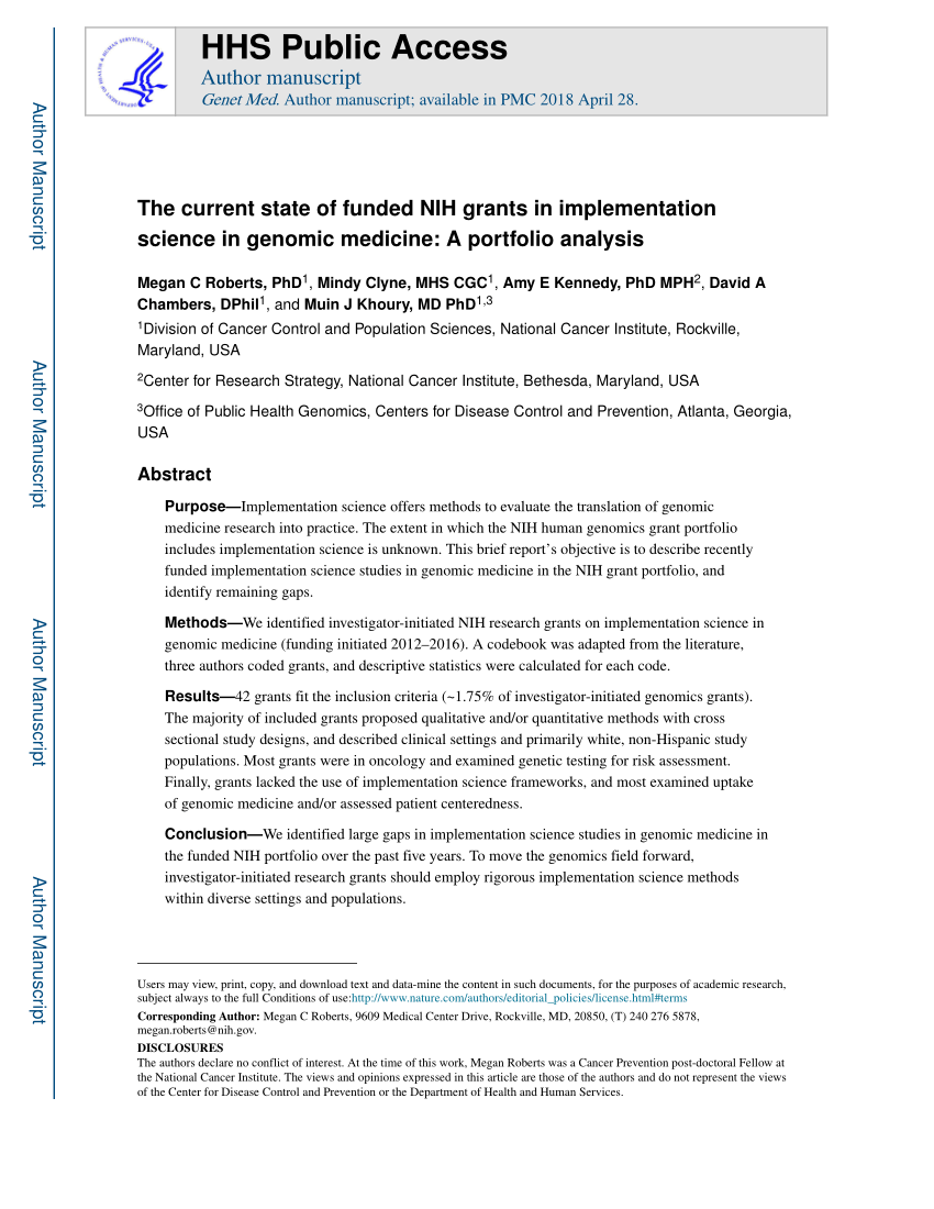 PDF The current state of funded NIH grants in implementation