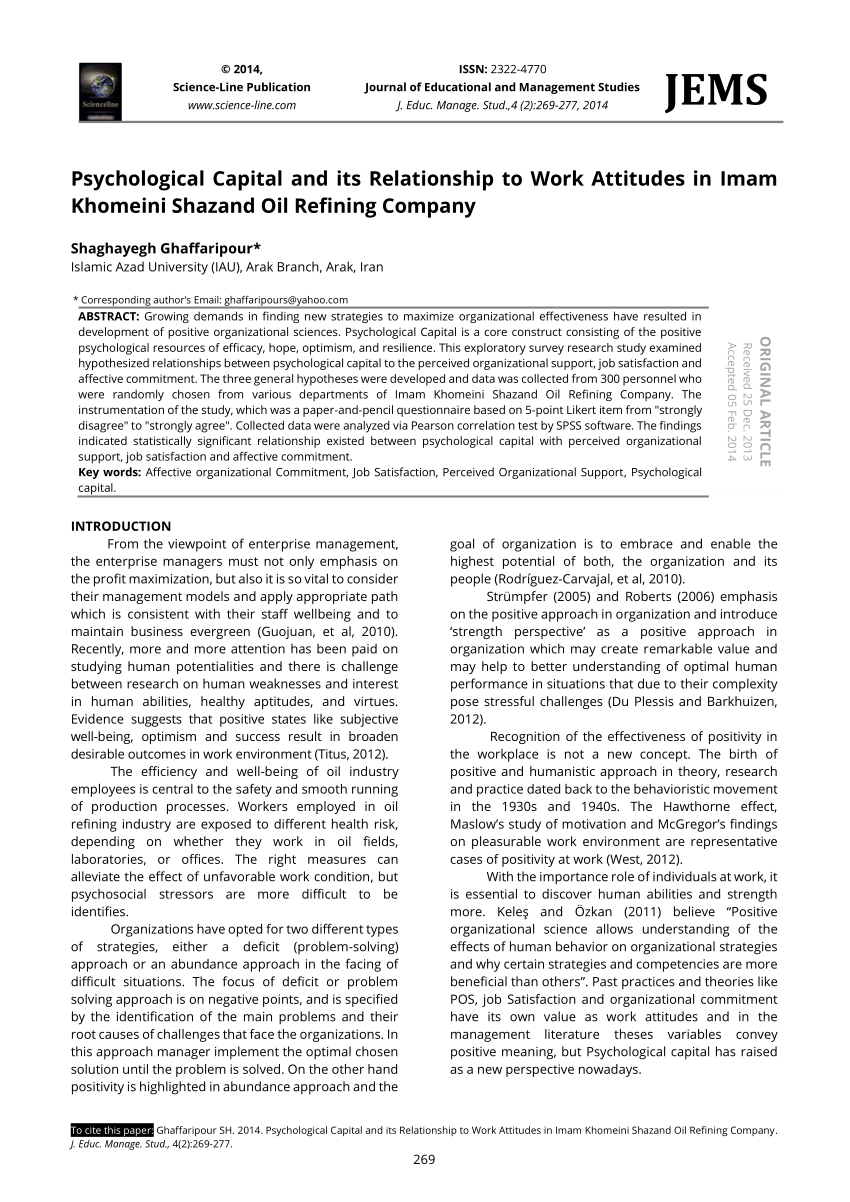 PDF Psychological Capital and its Relationship to Work Attitudes