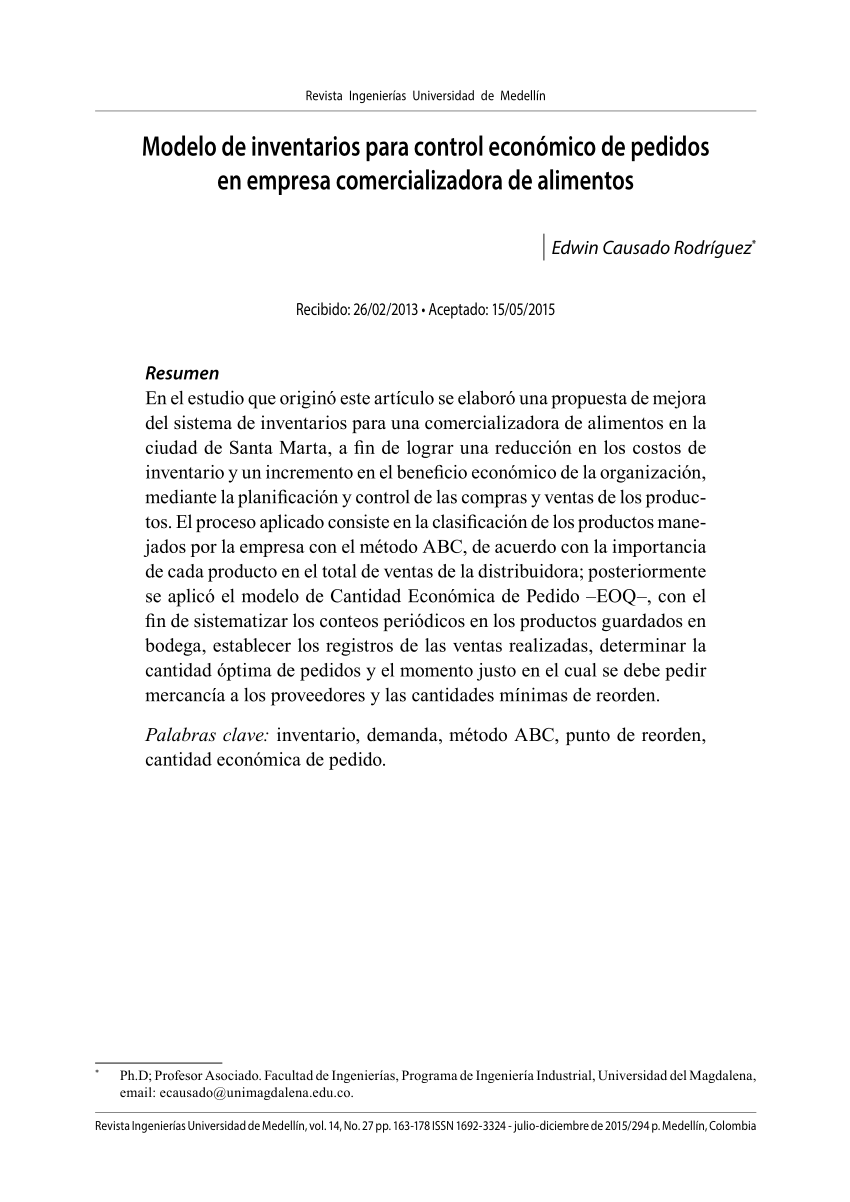 PDF) Modelo de inventarios para control económico de pedidos en empresa  comercializadora de alimentos