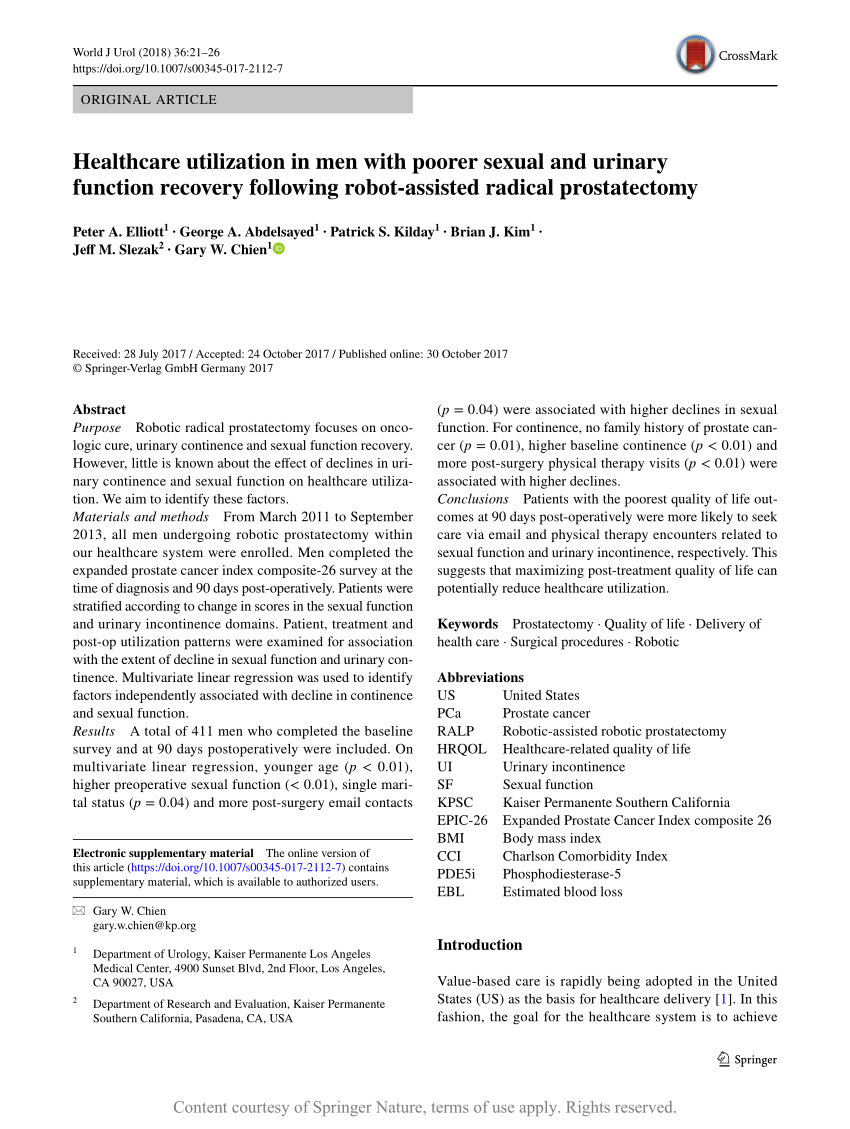 Healthcare Utilization In Men With Poorer Sexual And Urinary Function Recovery Following Robot