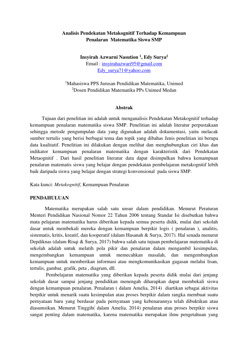 Pdf Analisis Pendekatan Metakognitif Terhadap Kemampuan Penalaran