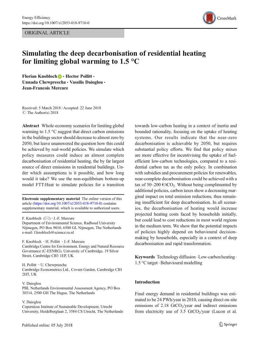Pdf Simulating The Deep Decarbonisation Of Residential Heating For Limiting Global Warming To 1 5 C