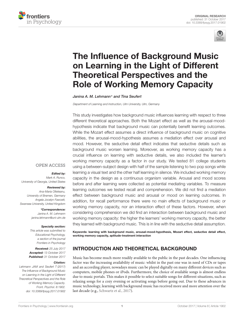 PDF) The Influence of Background Music on Learning in the Light of  Different Theoretical Perspectives and the Role of Working Memory Capacity