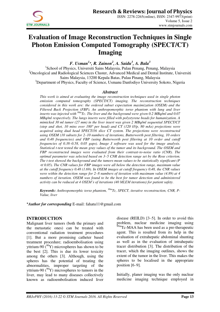 Pdf Evaluation Of Image Reconstruction Techniques In Single Photon Emission Computed Tomography Spect Ct Imaging