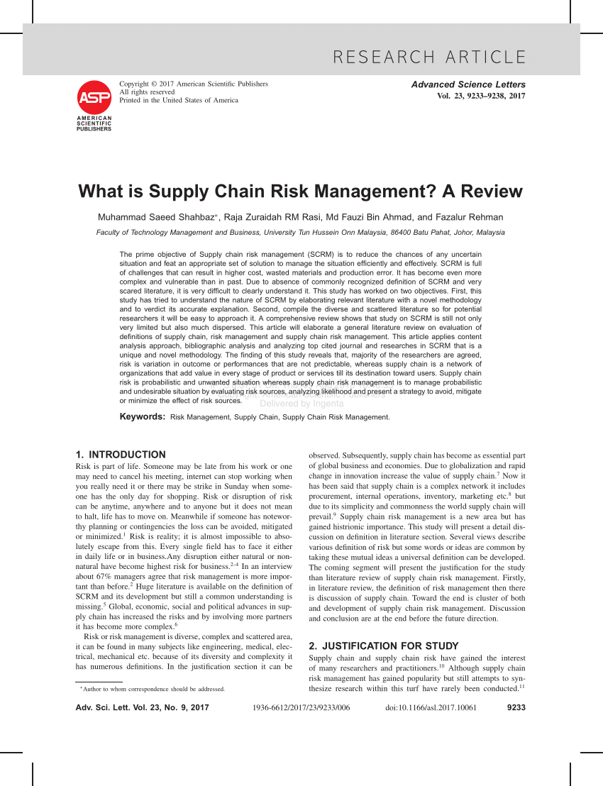 supply chain risk management a literature review pdf