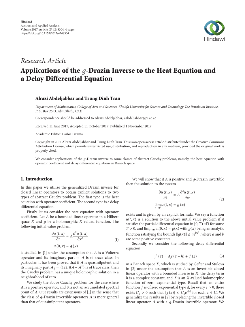 Pdf Applications Of The G Drazin Inverse To The Heat Equation And A Delay Differential Equation