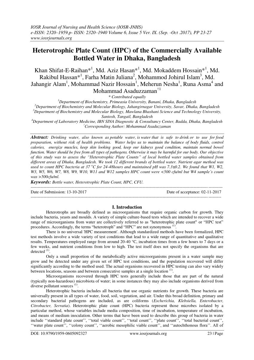 Pdf Heterotrophic Plate Count Hpc Of The Commercially Available Bottled Water In Dhaka Bangladesh