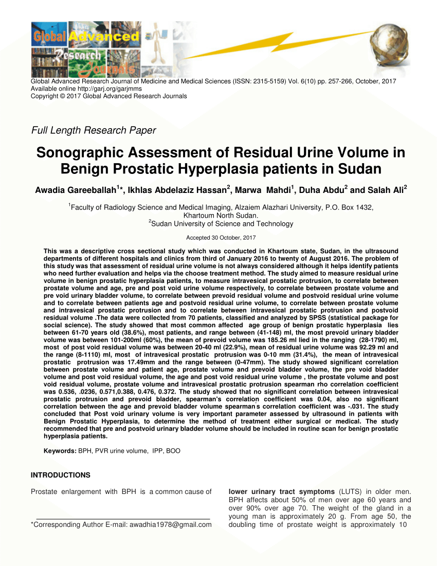 Pdf Sonographic Assessment Of Residual Urine Volume In