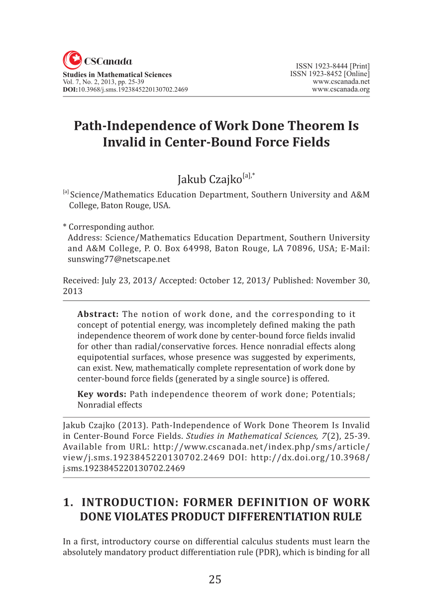 Pdf Path Independence Of Work Done Theorem Is Invalid In Center