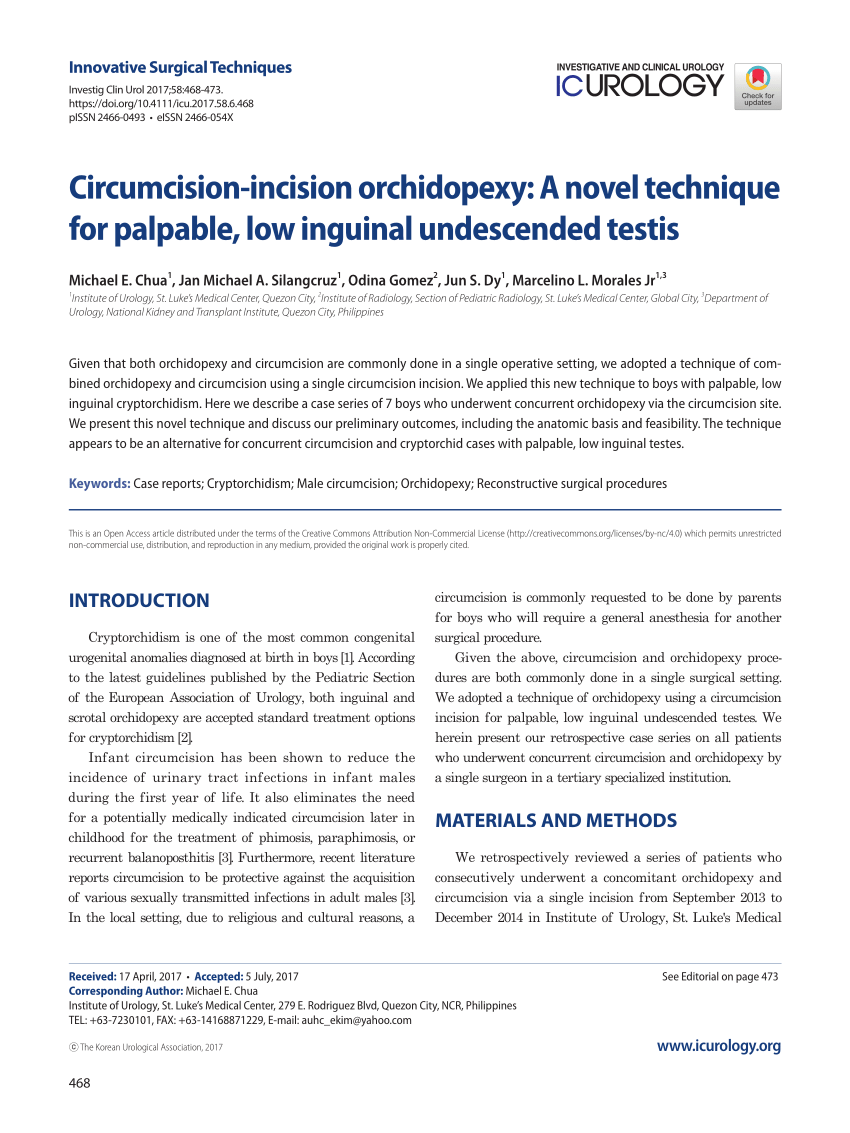 PDF) Circumcision-incision orchidopexy: A novel technique for palpable, low  inguinal undescended testis