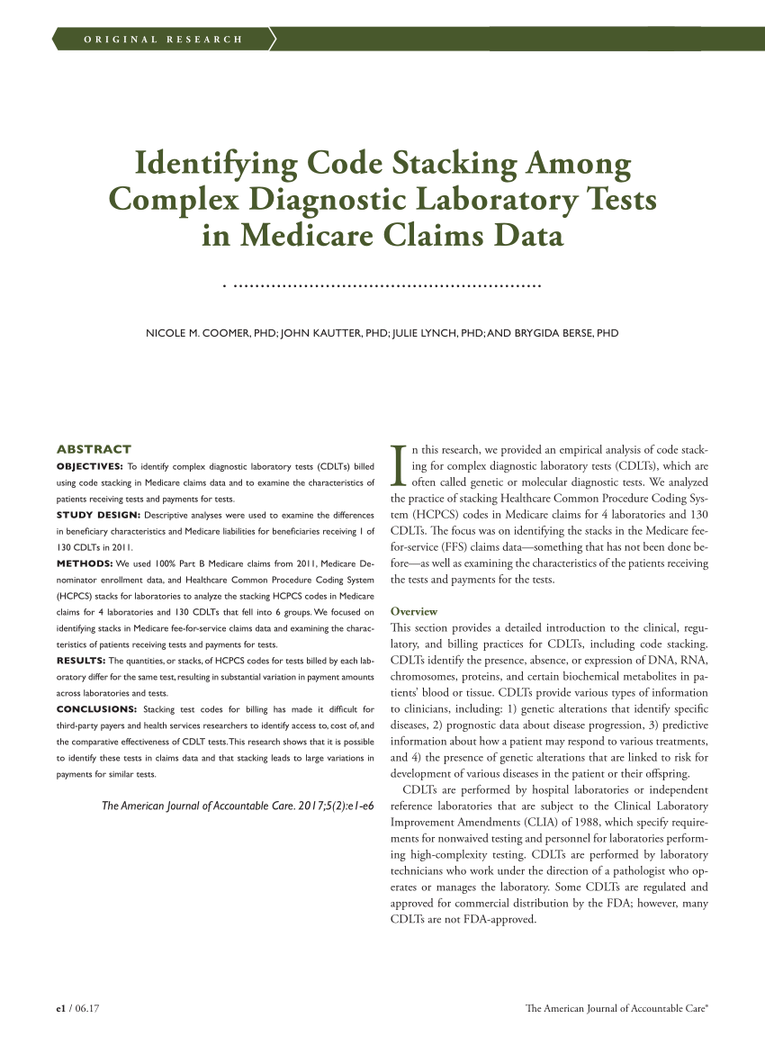 Pdf Identifying Code Stacking Among Complex Diagnostic Laboratory Tests In Medicare Claims Data