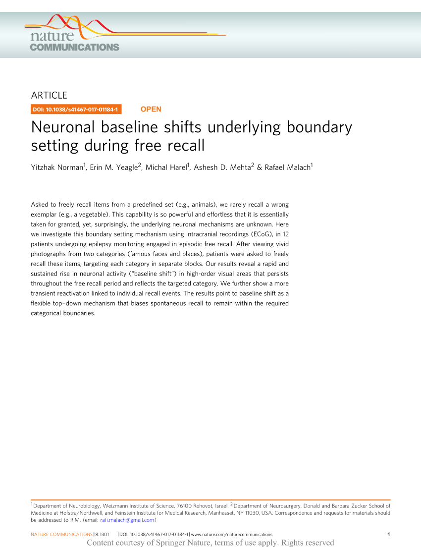 Neuronal baseline shifts underlying boundary setting during free recall