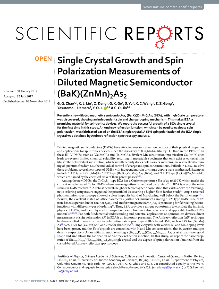 Pdf Single Crystal Growth And Spin Polarization Measurements Of Diluted Magnetic Semiconductor Bak Znmn 2as2