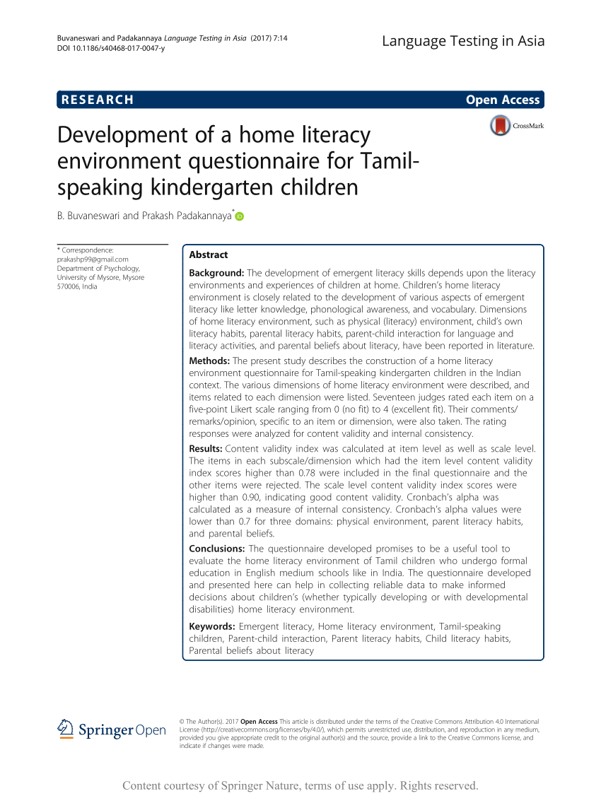 pdf development of a home literacy environment questionnaire for tamil speaking kindergarten children