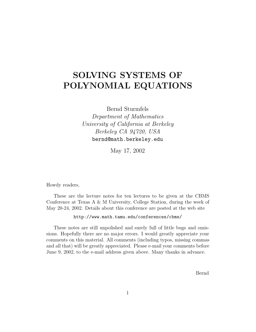 Pdf Solving Systems Of Polynomial Equations