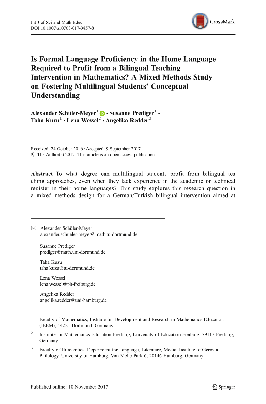 Pdf Is Formal Language Proficiency In The Home Language Required To Profit From A Bilingual Teaching Intervention In Mathematics A Mixed Methods Study On Fostering Multilingual Students Conceptual Understanding