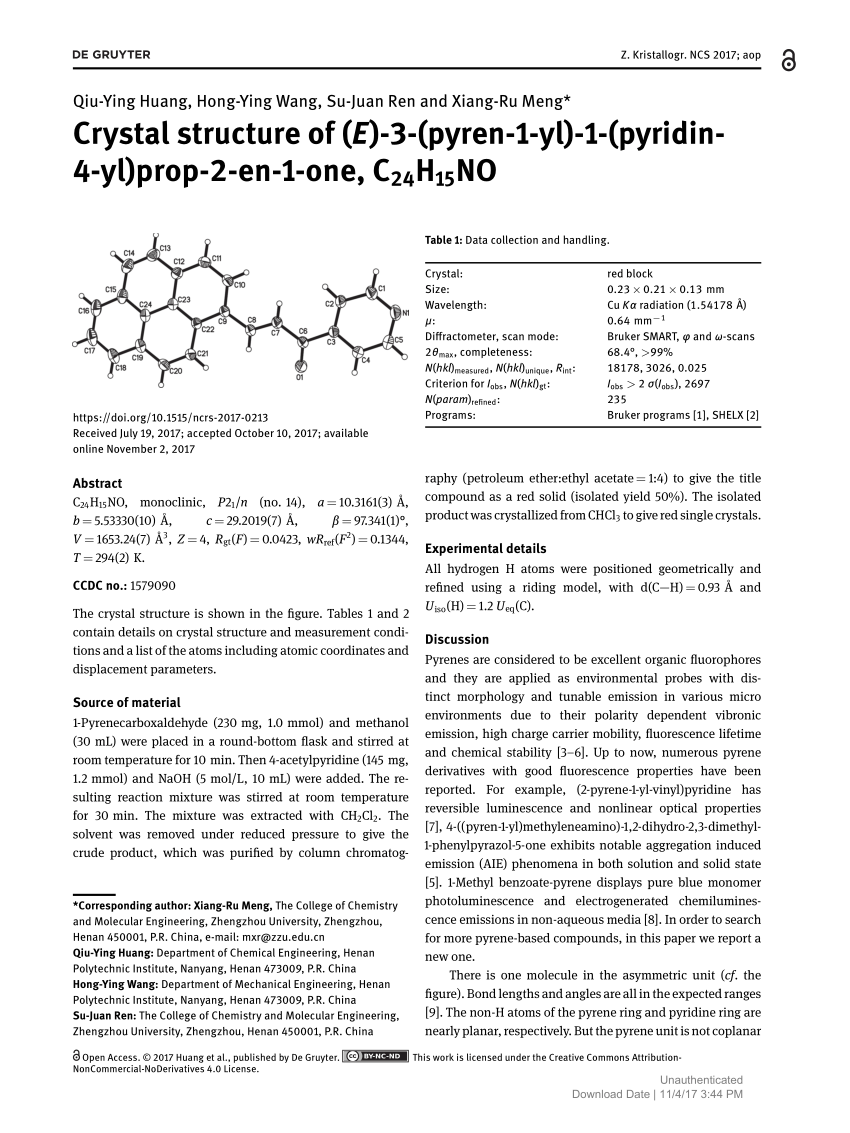 Pdf Crystal Structure Of E 3 Pyren 1 Yl 1 Pyridin 4 Yl Prop 2 En 1 One C24h15no