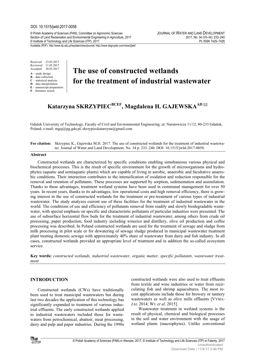 Pdf The Use Of Constructed Wetlands For The Treatment Of Industrial Wastewater