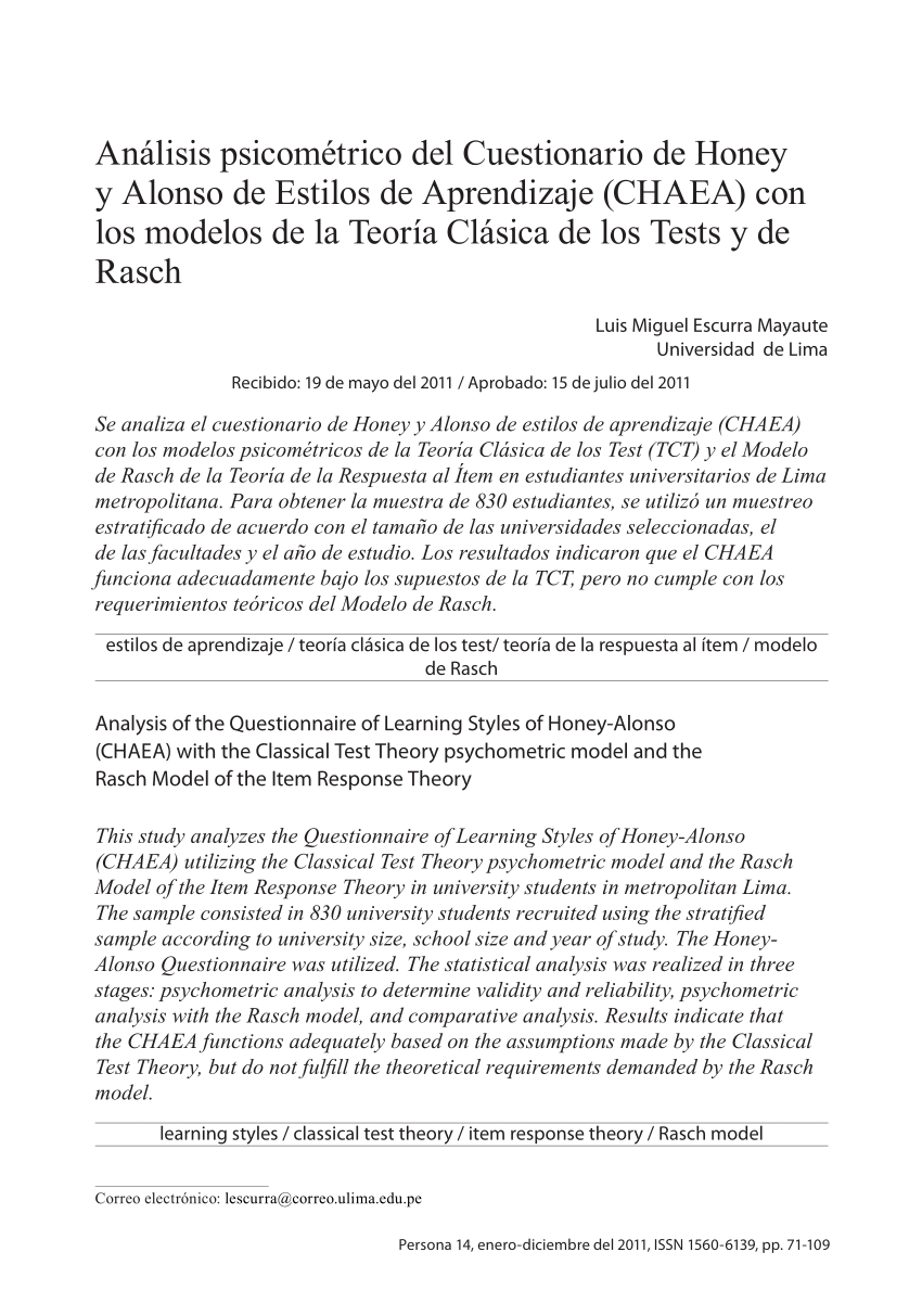 PDF) Análisis psicométrico del Cuestionario de Honey y Alonso de Estilos de  Aprendizaje (Chaea ) con los modelos de la Teoría Clásica de los Tests y de  Rasch