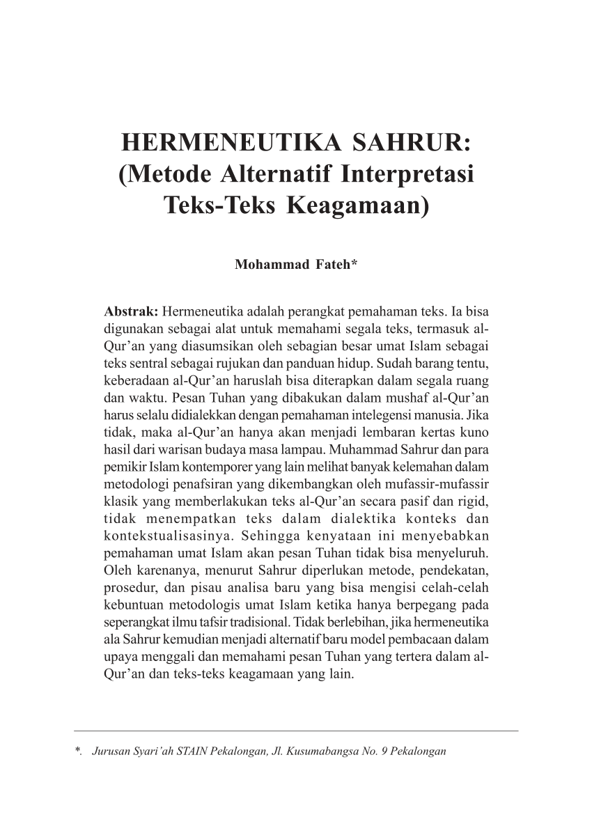 Pdf Hermeneutika Sahrur Metode Alternatif Interpretasi Teks Teks Keagamaan