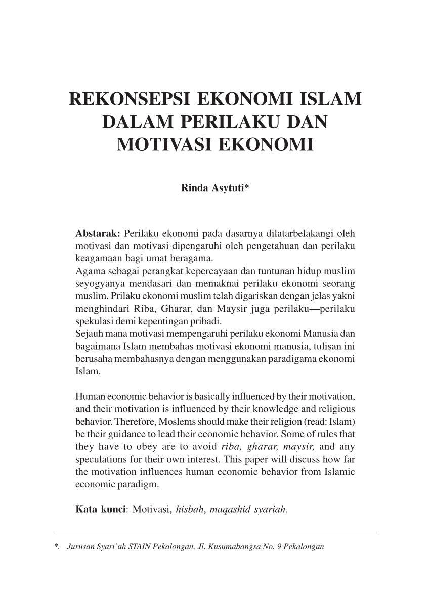 Pdf Rekonsepsi Ekonomi Islam Dalam Perilaku Dan Motivasi Ekonomi