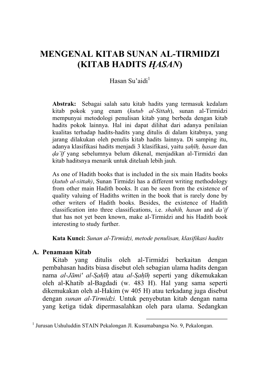 Pdf Mengenal Kitab Sunan Al Tirmidzi Kitab Hadits Hasan