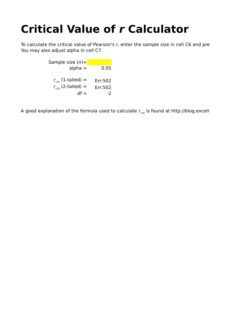PDF) Critical Value of r Calculator (Excel)