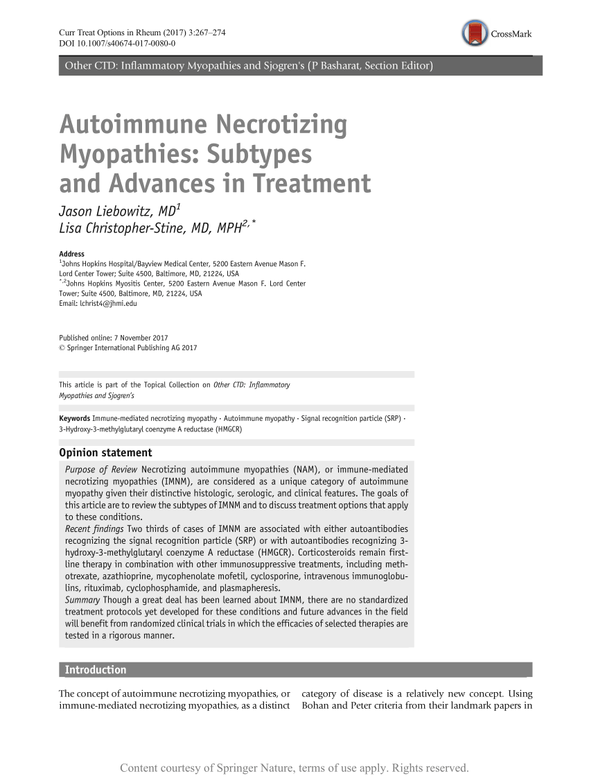 Autoimmune Necrotizing Myopathies Subtypes And Advances In Treatment Request Pdf 6819